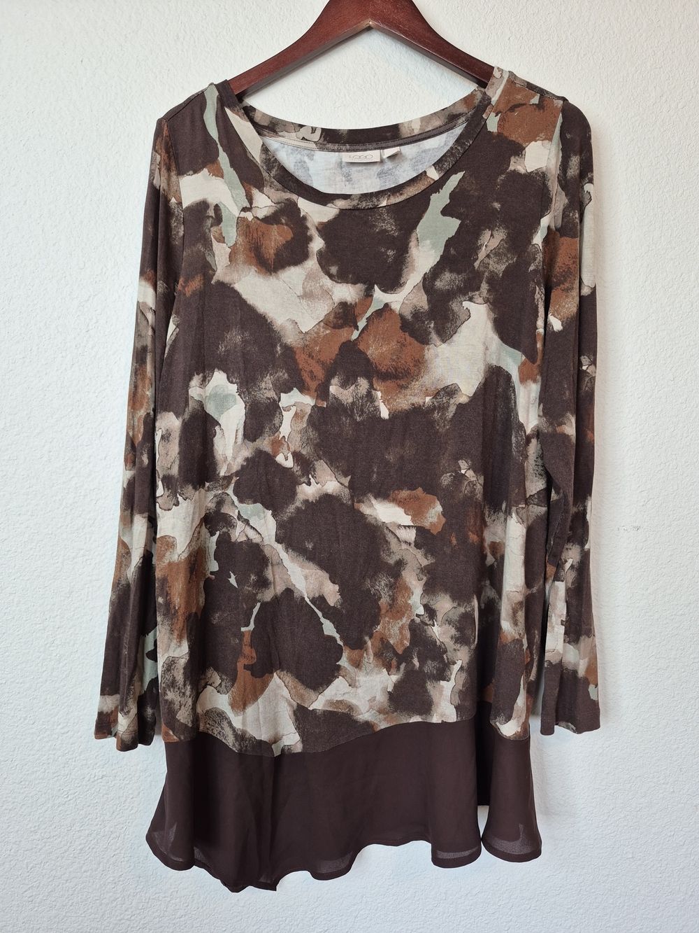 LOGO by Lori Goldstein Brown Watercolor Abstract Long Sleeve Blouse Size 1X